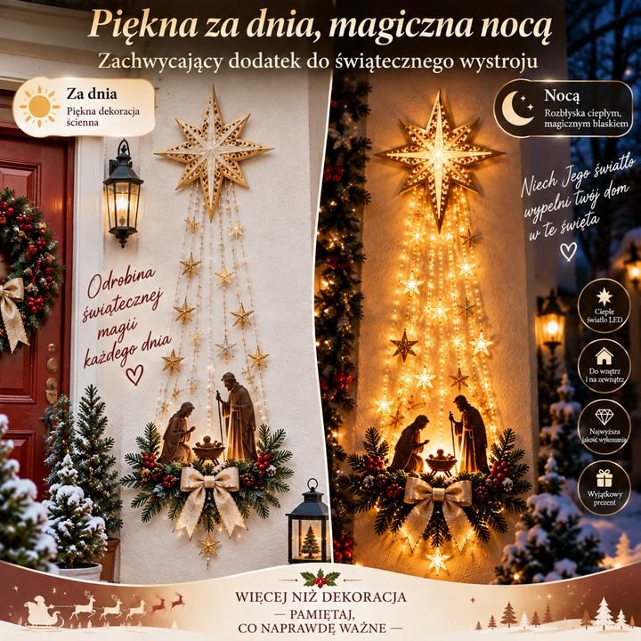 Zestawienie dekoracji za dnia i nocą na ścianie przy drzwiach, po lewej wyłączona, po prawej świecąca 5