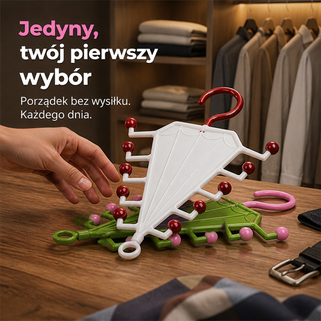 Biały wieszak z czerwonymi kulkami leży na zielonym wieszaku na drewnianym blacie, obok pasek i dłoń 6