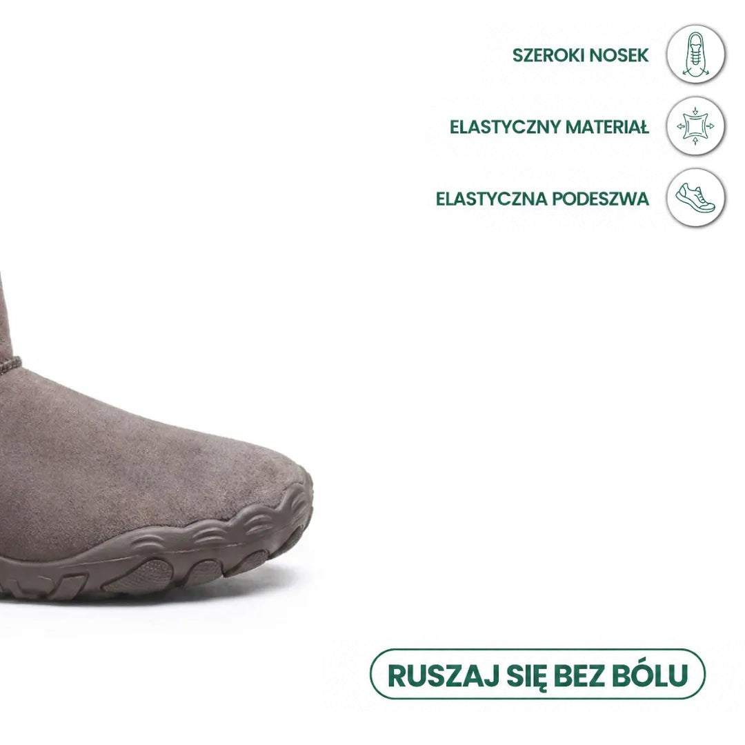 Czubek brązowego zamszowego buta z szeroką, elastyczną podeszwą na białym tle, obok ikony z cechami 41