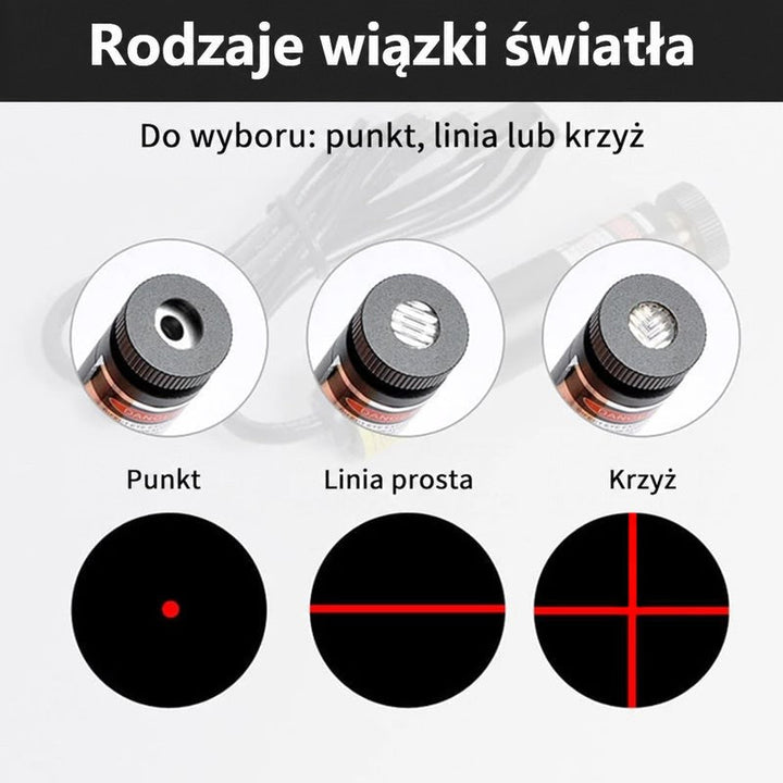 Trzy końcówki soczewki i odpowiadające im wzory światła: punkt, linia prosta oraz krzyż 7