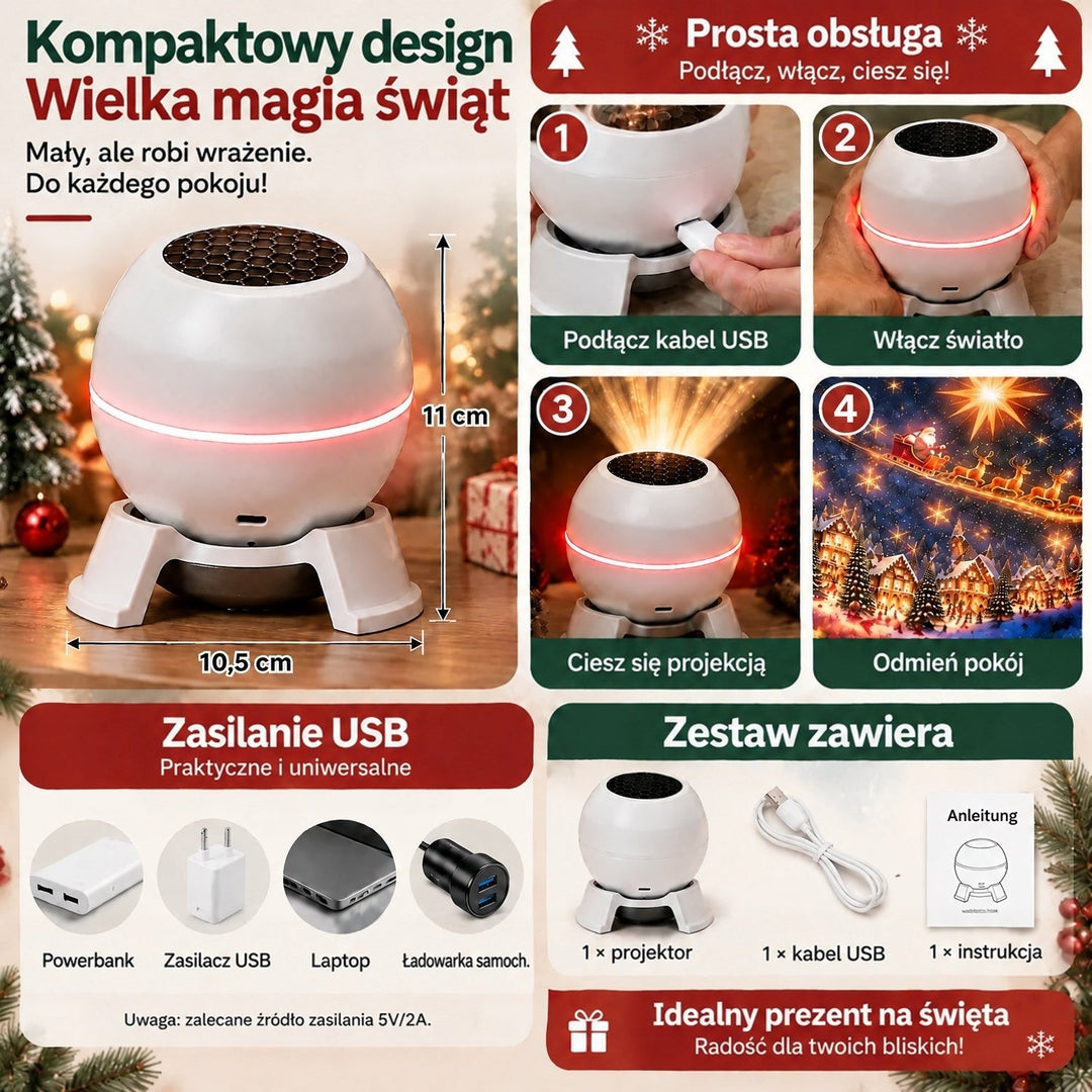 Grafika z wymiarami projektora, krokami obsługi, możliwymi źródłami zasilania USB i zawartością zestawu 5