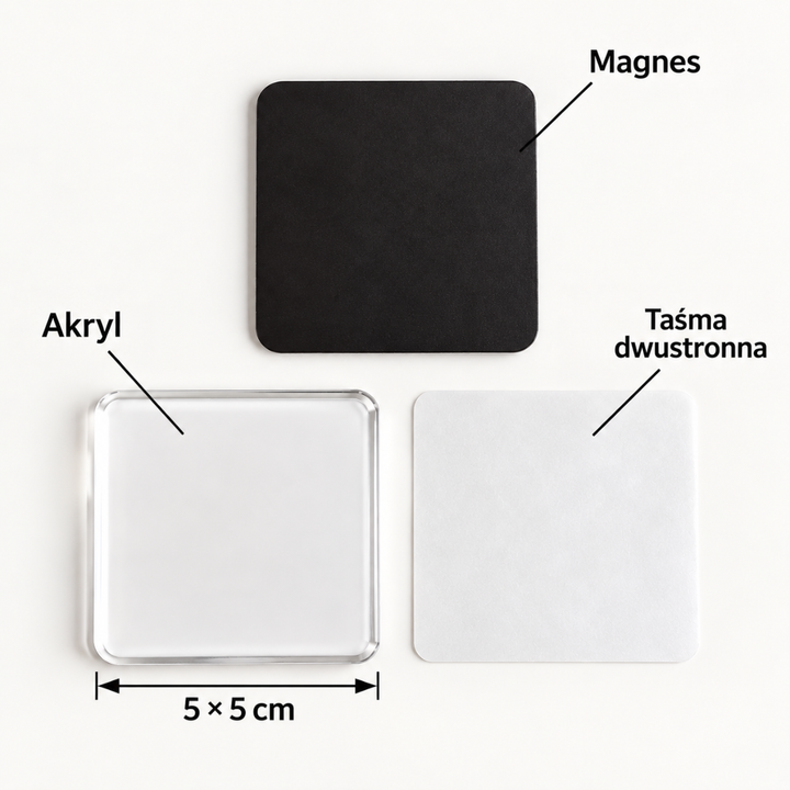 Trzy elementy zestawu na białym tle: akryl, czarny magnes i taśma dwustronna, z podanym wymiarem 5 × 5 cm 8