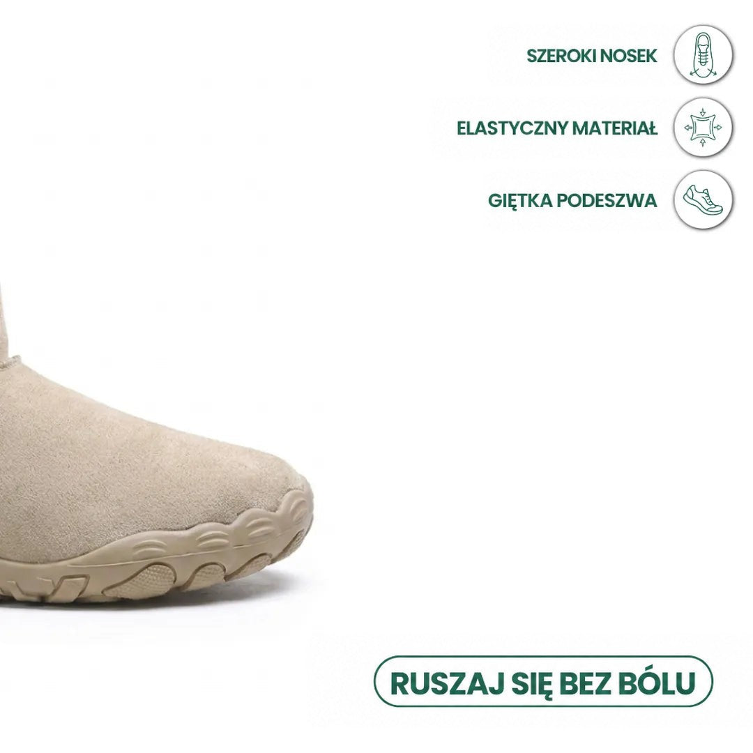 Przód beżowego buta z szerokim czubkiem i giętką podeszwą, obok ikony opisujące zalety budowy 5