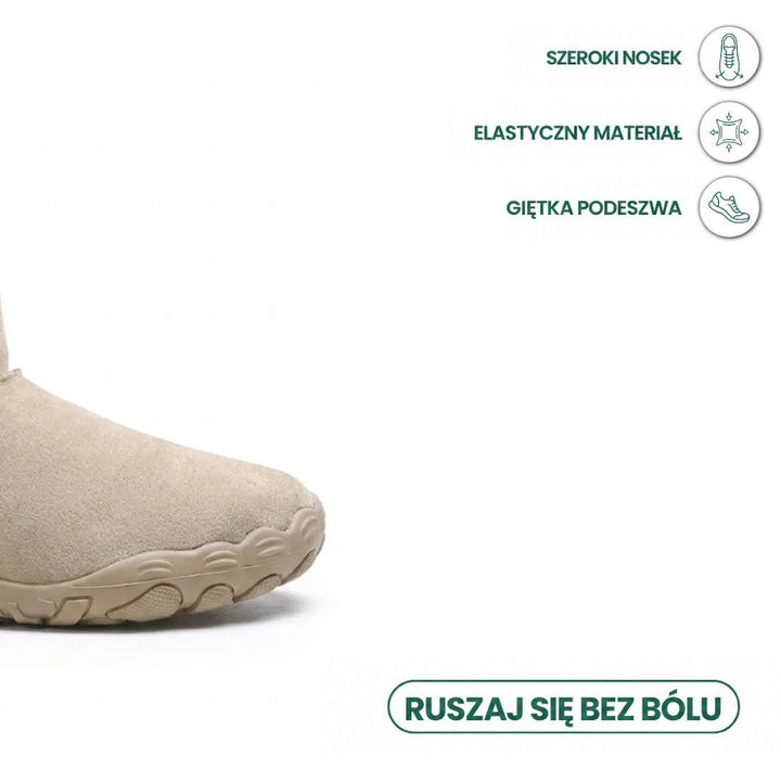 Przód beżowego buta z szerokim czubkiem i giętką podeszwą, obok ikony opisujące zalety budowy 5