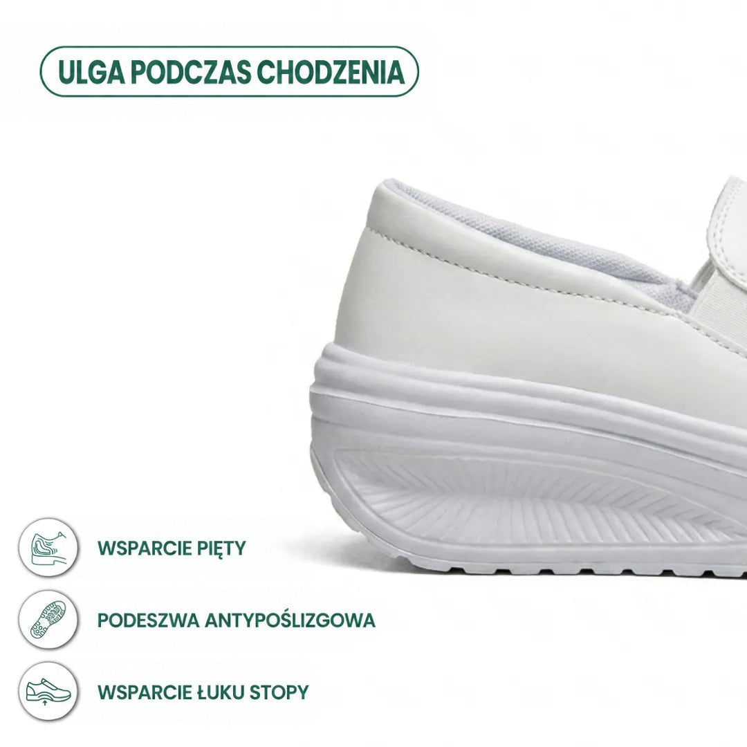Biały but z bliska od strony pięty, widoczna antypoślizgowa podeszwa, z ikonami opisującymi wsparcie pięty i łuku 13