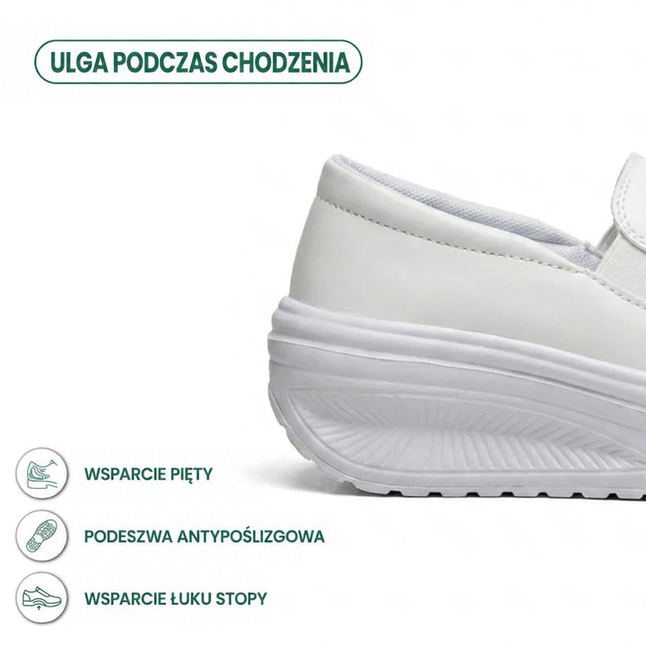 Biały but z bliska od strony pięty, widoczna antypoślizgowa podeszwa, z ikonami opisującymi wsparcie pięty i łuku 13