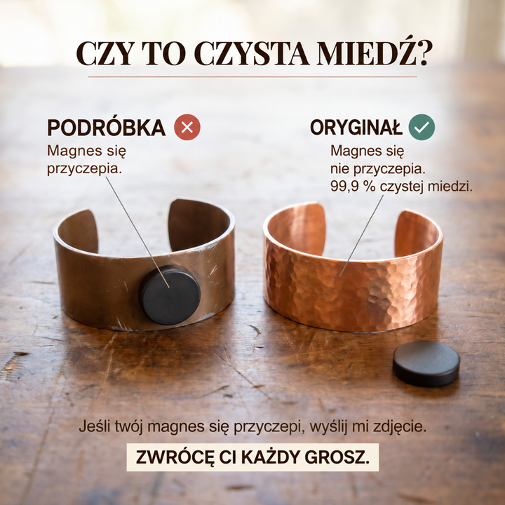 Dwie bransoletki obok siebie: matowa ze przyczepionym magnesem i młotkowana miedziana, bbez magnesu, na drewnianym stole 4
