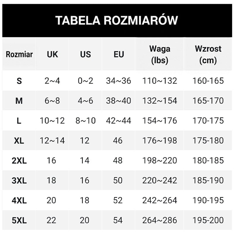 Czarno-biała tabela rozmiarów od S do 5XL z odpowiednikami UK, US, EU oraz wagą i wzrostem 13