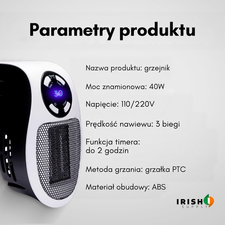 Grzejnik pod skosem obok zestawienia parametrów technicznych urządzenia w formie listy 8