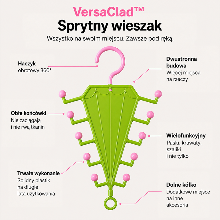 Zielony wieszak z różowym haczykiem i kulkami na tle jasnym, z opisanymi cechami konstrukcji 2