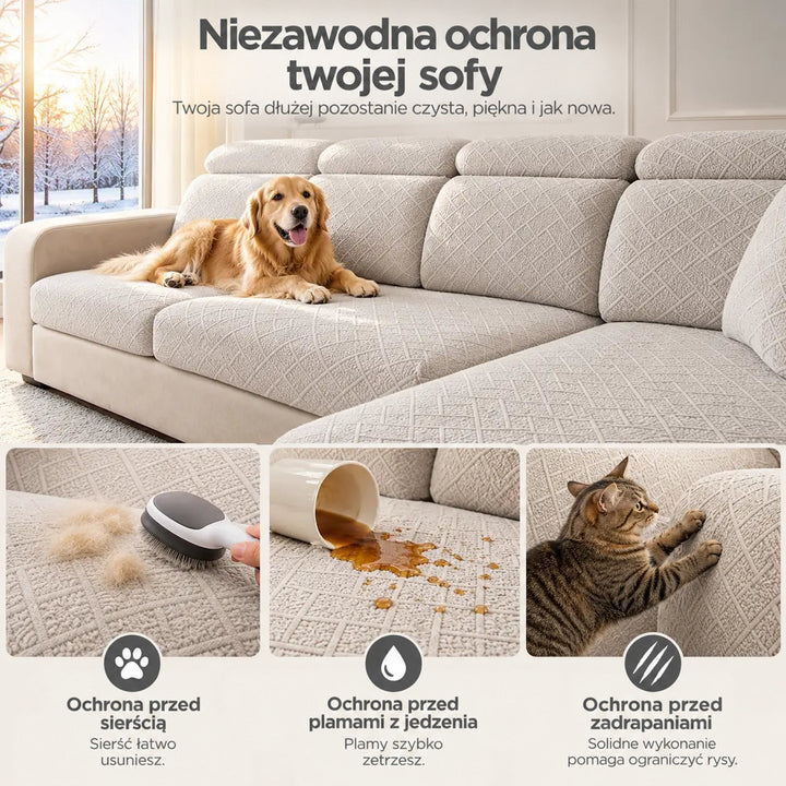 Beżowa sofa z psem, a pod nią trzy sceny: czyszczenie sierści, rozlany napój i kot drapiący 5