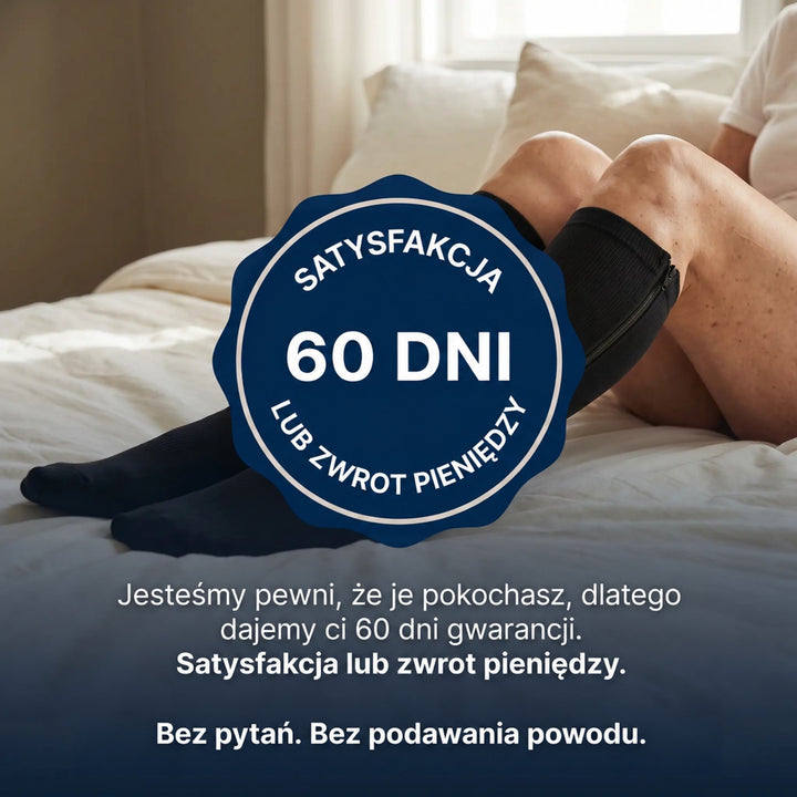 Osoba w czarnych pończochach z zamkiem leży na łóżku, na zdjęciu pieczęć gwarancji zwrotu pieniędzy 10