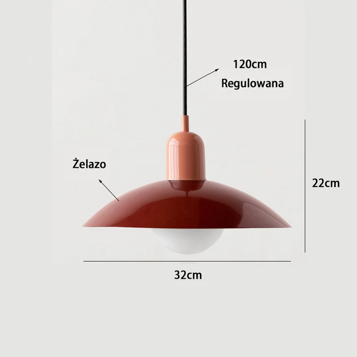 Rysunek techniczny lampy z podanymi wymiarami klosza i regulowanej długości przewodu 13