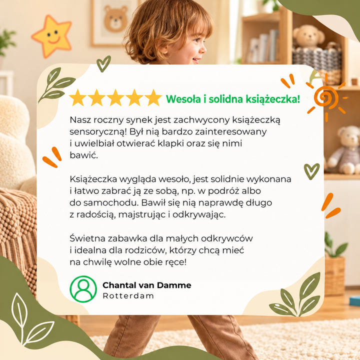Grafika z pięciogwiazdkową opinią w obcym języku na tle chłopca bawiącego się w pokoju 10