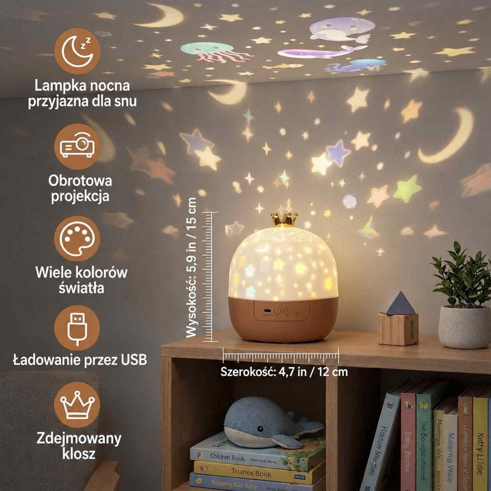Lampka z koroną na szczycie przy półce z książkami, z podanymi wymiarami i projekcją gwiazd oraz wielorybów na suficie 5