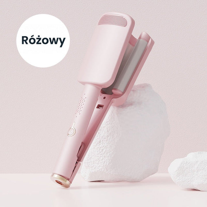 Różowa lokówka falowa oparta o białą skałę dekoracyjną na różowym tle 3