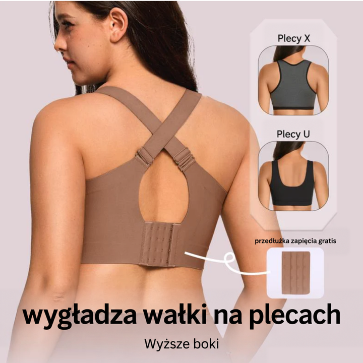 Tył brązowego biustonosza na modelce, skrzyżowane ramiączka, zapięcie z dodatkowym przedłużeniem i warianty pleców X i U 13