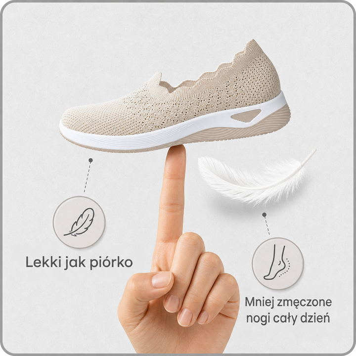 Lekki beżowy but balansuje na palcu dłoni obok białego piórka, grafika o niewielkiej wadze 3