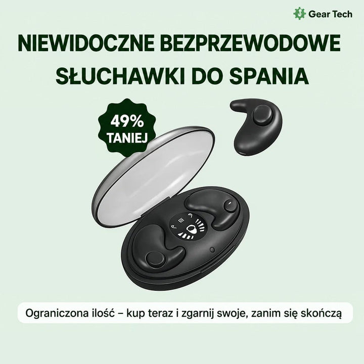 Otwarte czarne etui ładujące z dwiema słuchawkami i trzecia słuchawka obok, na jasnozielonym tle z grafiką promocyjną 8