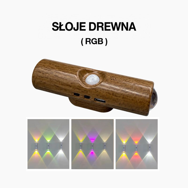 Lampa w drewnopodobnej obudowie w wersji RGB z trzema przykładami kolorowego światła 6
