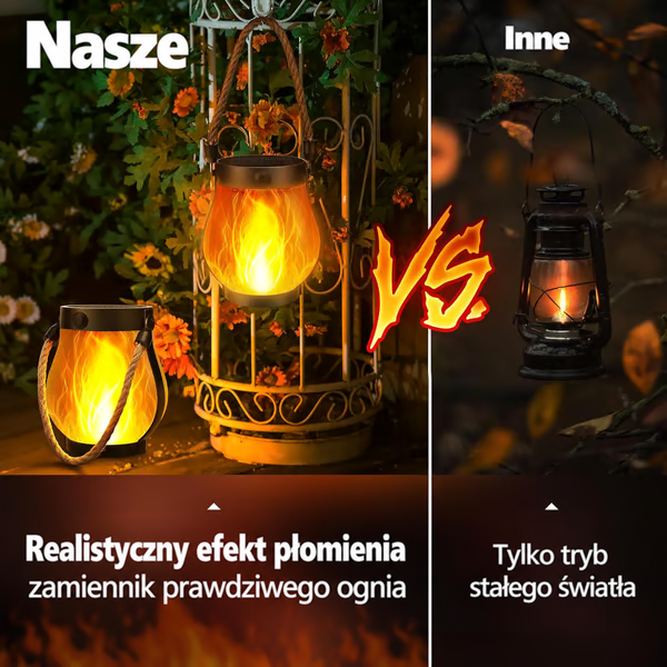 Porównanie lampy z realistycznym płomieniem z klasycznym lampionem naftowym o stałym świetle 6