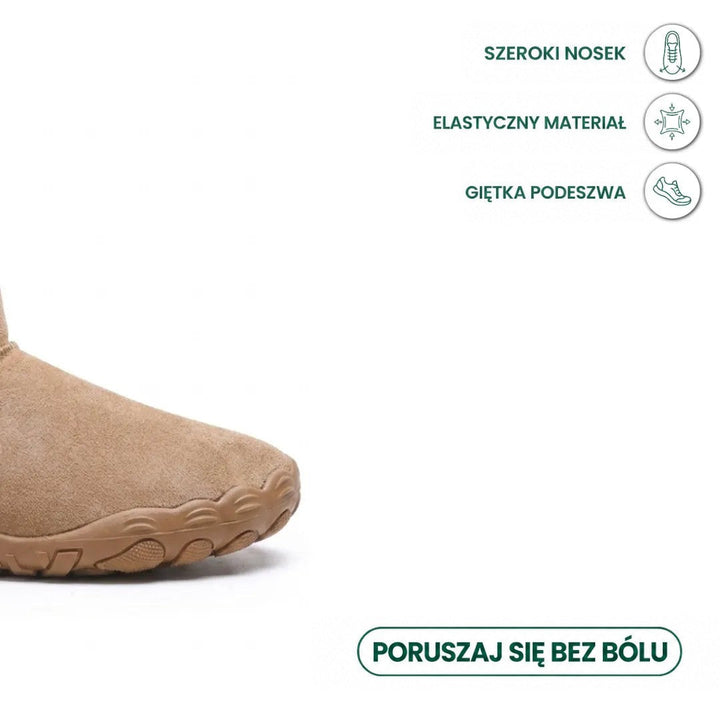 Fragment noska piaskowego buta z szeroką, elastyczną podeszwą, obok ikony cech: szeroki nosek i elastyczny materiał 23