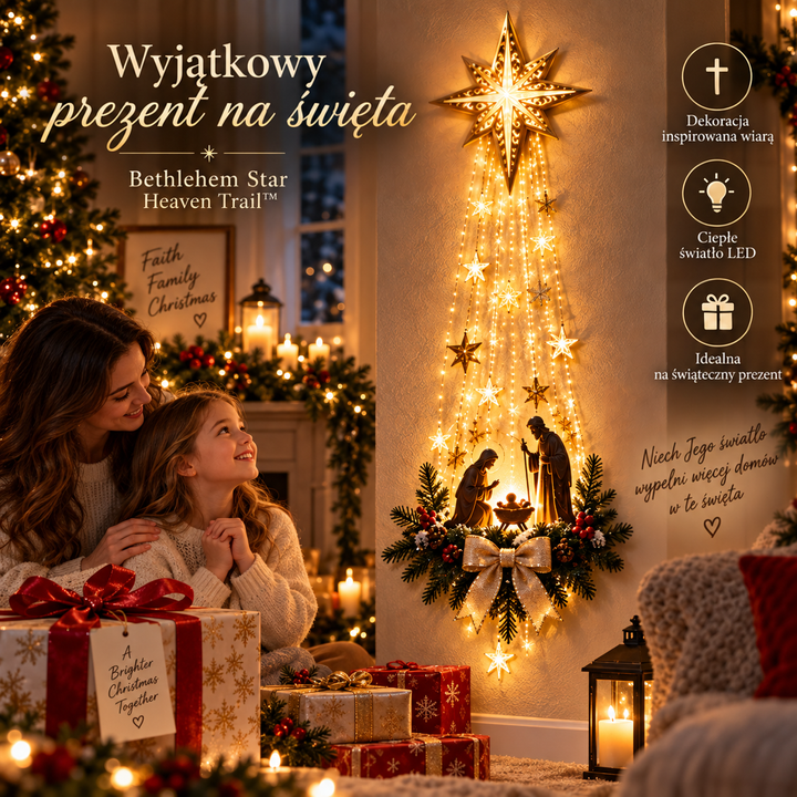 Dekoracja z gwiazdą i szopką na ścianie salonu, obok uśmiechnięta kobieta z dziewczynką i prezenty 3