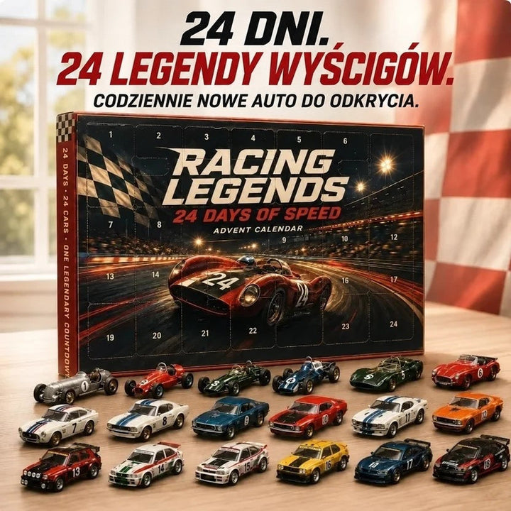 Płaskie pudełko z wyścigowym samochodem na okładce i rzędy miniaturowych aut wyścigowych z numerami ustawione przed nim 12