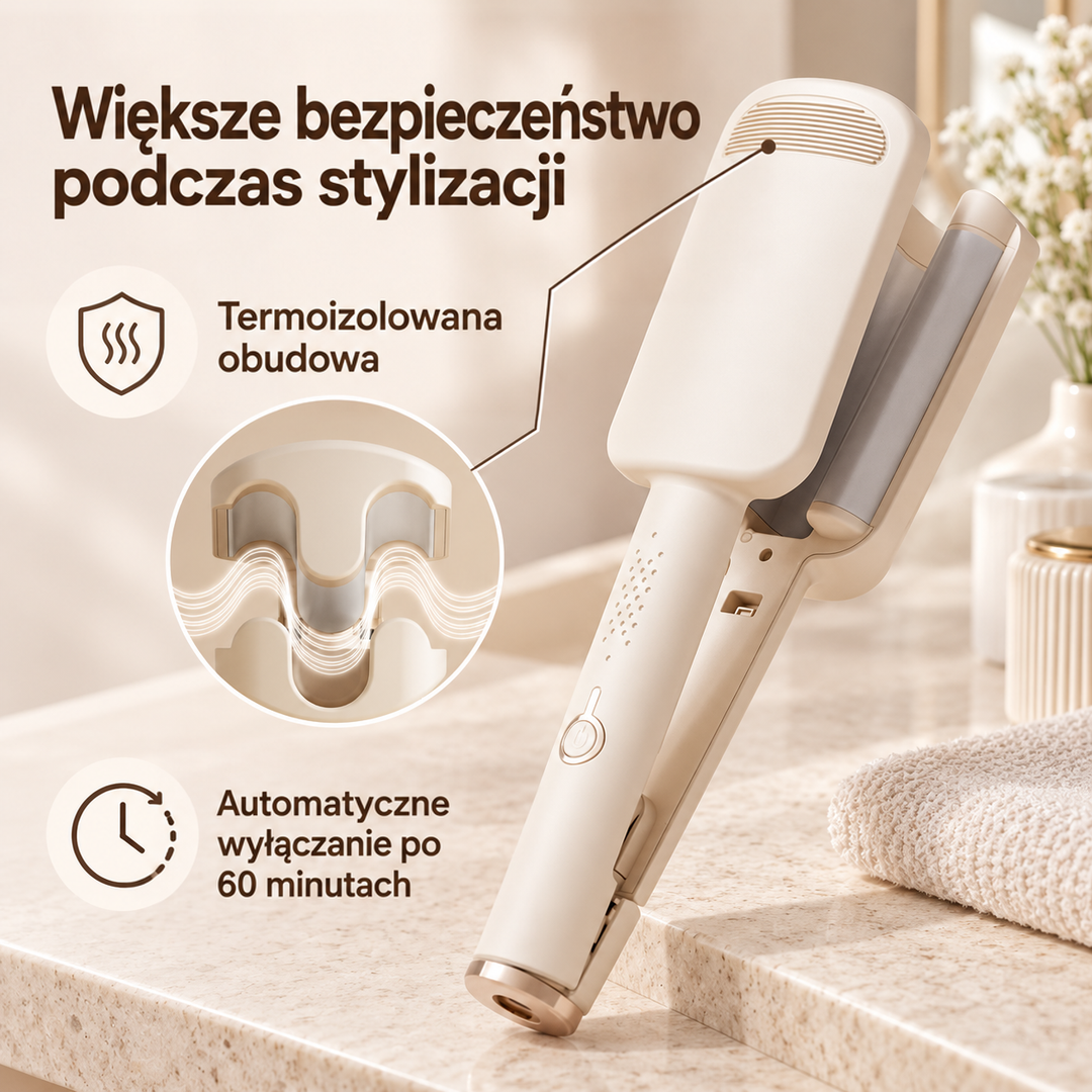 Beżowa lokówka falowa na blacie z powiększeniem izolowanej obudowy i ikonami zabezpieczeń 13