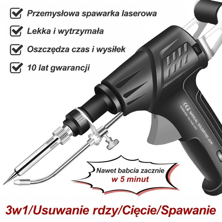 Narzędzie z końcówką i rurką podającą obok listy zalet i hasła o trzech funkcjach 11