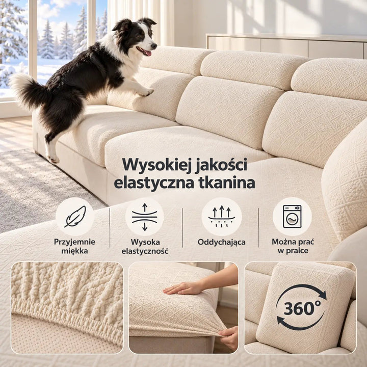 Pies wskakujący na sofę z kremowymi pokrowcami, pod spodem ikony cech tkaniny i zbliżenia detali 4
