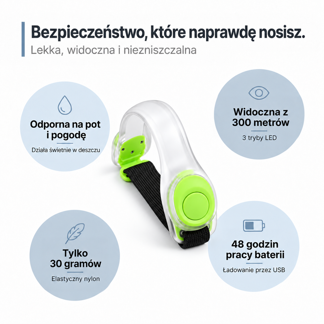 Opaska z limonkowymi elementami na jasnym tle, otoczona czterema ikonami z cechami produktu 9