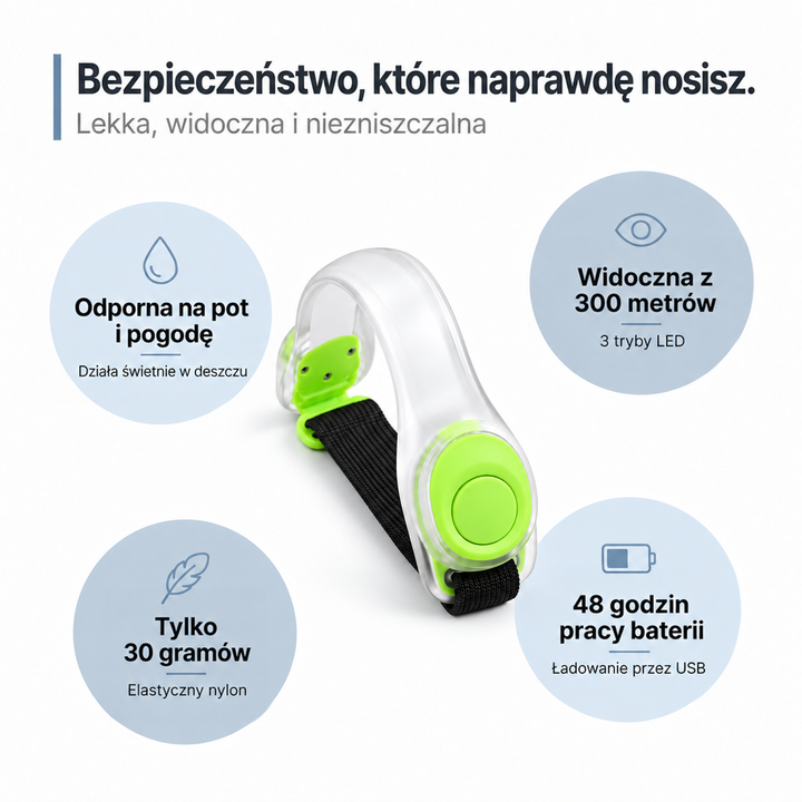 Opaska z limonkowymi elementami na jasnym tle, otoczona czterema ikonami z cechami produktu 9