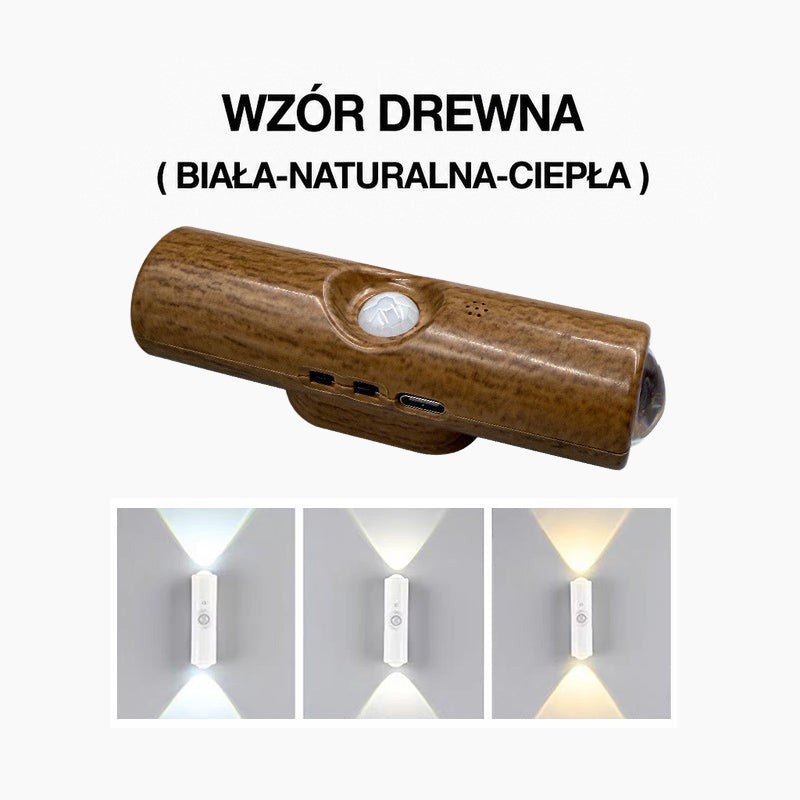 Lampa w drewnopodobnej obudowie z czujnikiem ruchu i portem USB-C oraz trzy odcienie bieli 5