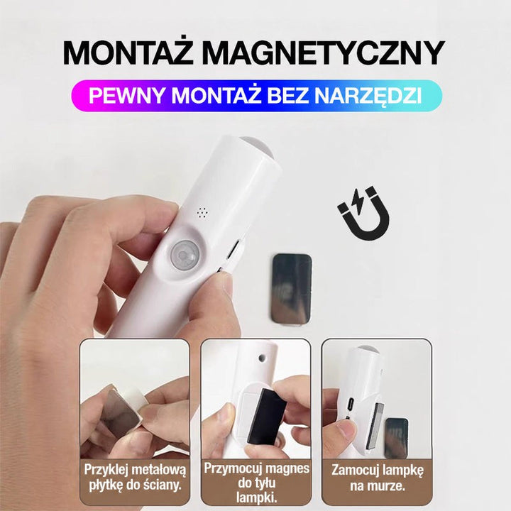 Montaż magnetyczny w trzech krokach: przyklejenie płytki do ściany, magnes z tyłu lampy, zawieszenie lampy 11