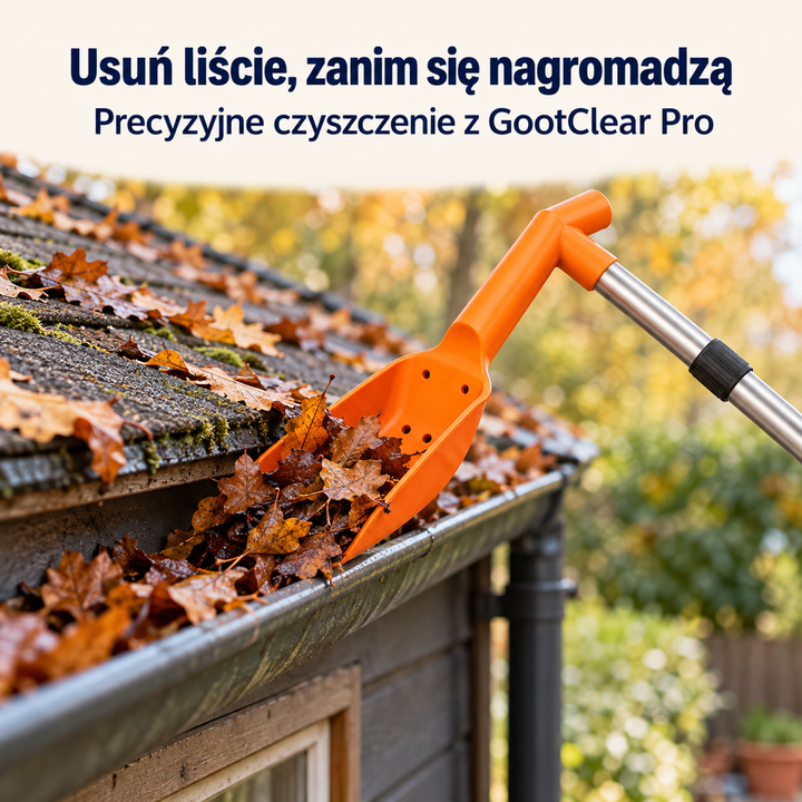 Zbliżenie na pomarańczową łopatkę z otworami, która zgarnia mokre jesienne liście z rynny 7