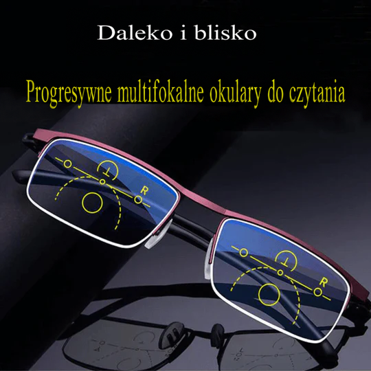 Okulary w bordowej oprawce z półramką, szkła z żółtymi liniami oznaczającymi strefy widzenia do dali i do bliży 2