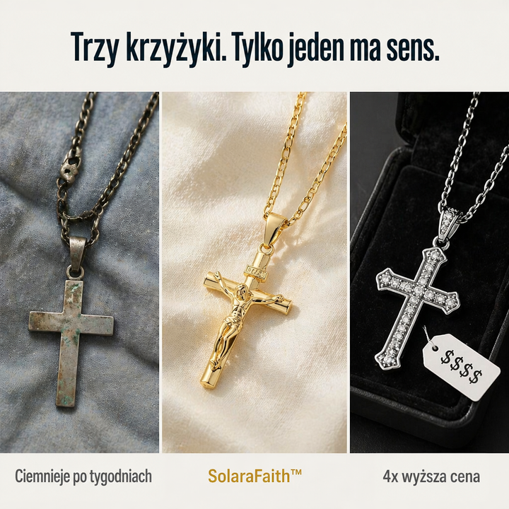 Zestawienie trzech krzyży: zniszczony, ciemniejący krzyż, złoty krzyż z Chrystusem i srebrny z cyrkoniami z metką ceny 5