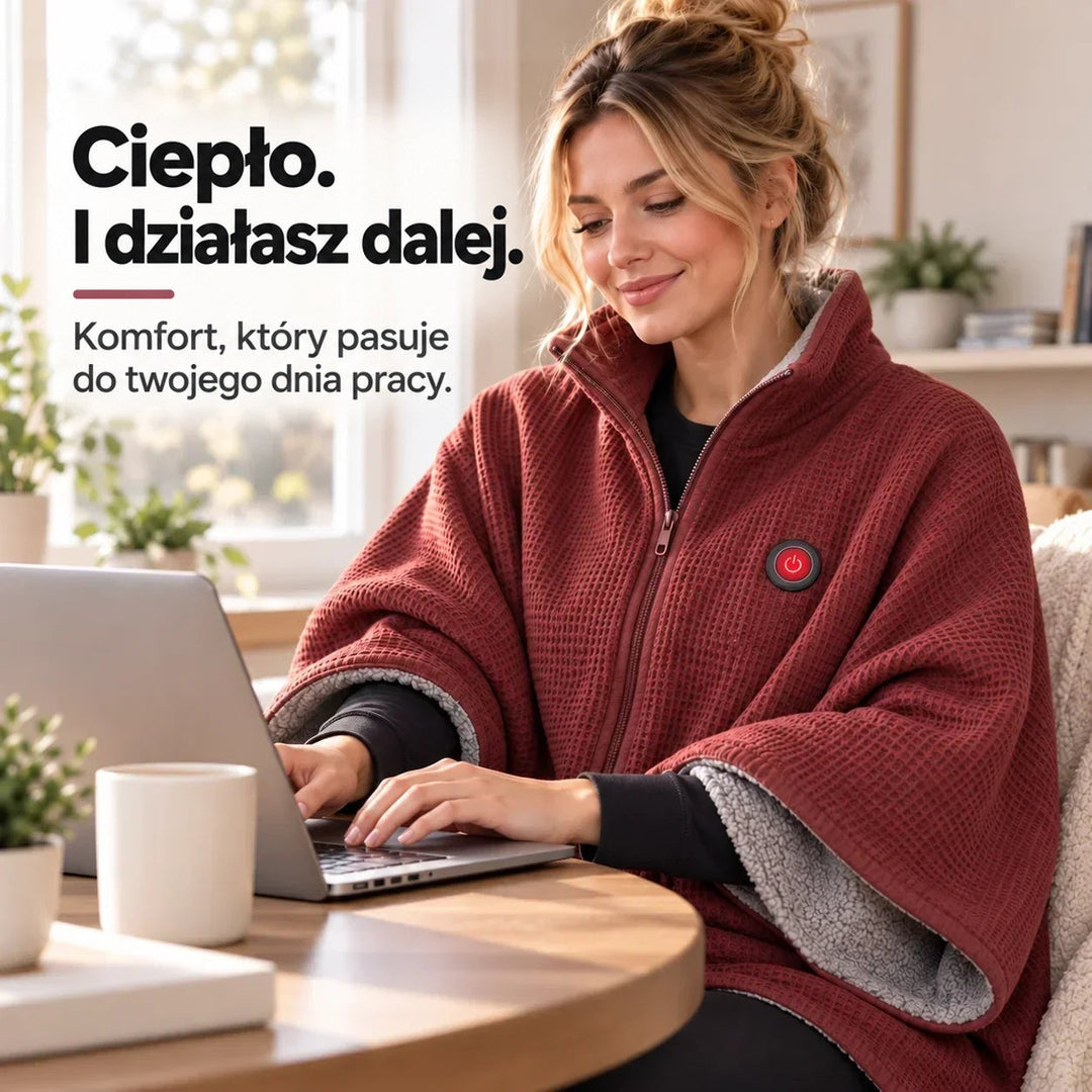 Kobieta w bordowej narzutce pracuje przy laptopie przy okrągłym stole, obok biały kubek 11