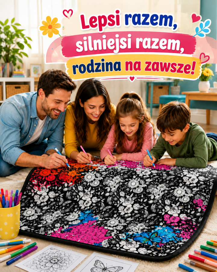 Rodzina leży na podłodze i koloruje flamastrami rozłożony koc z czarno-białym wzorem kwiatów 3
