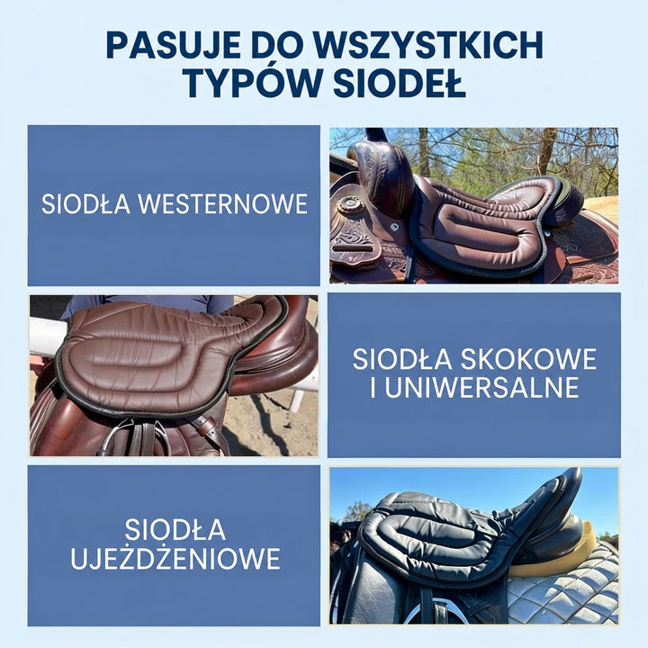 Kolaż pokazujący nakładkę na siodle westernowym, skokowym i ujeżdżeniowym, w brązowej i czarnej wersji 6