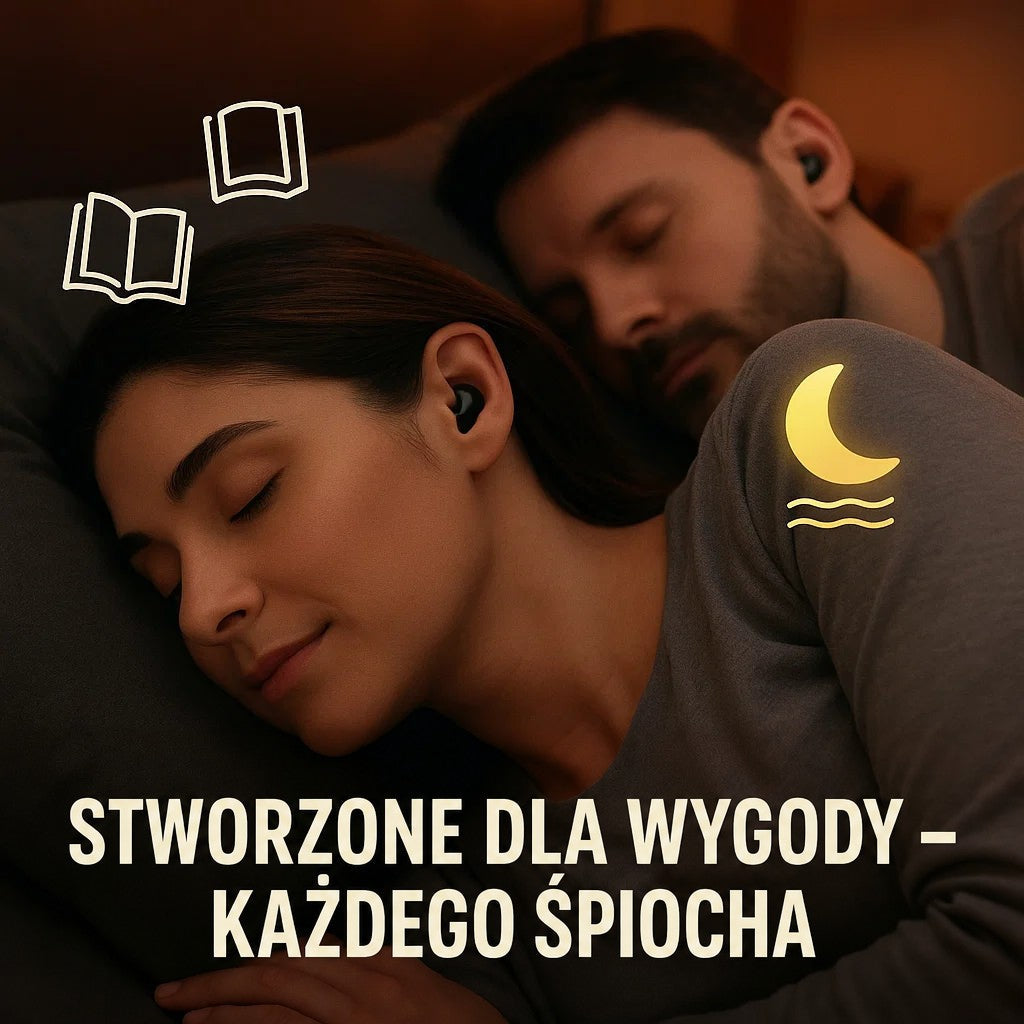 Kobieta i mężczyzna śpią obok siebie w ciemnych słuchawkach, na zdjęciu ikony książek i księżyca 6