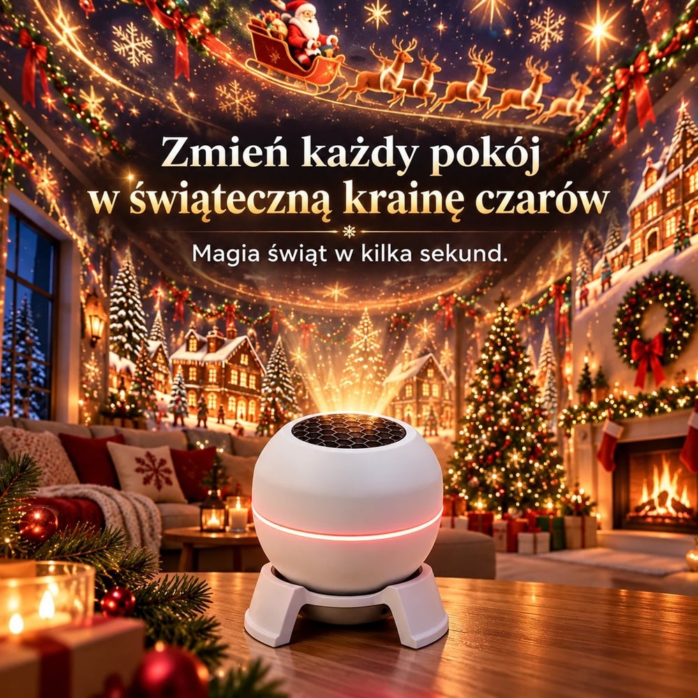 Biała kulista lampa na stole w salonie, rzucająca na ściany i sufit świąteczny wzór z Mikołajem 2