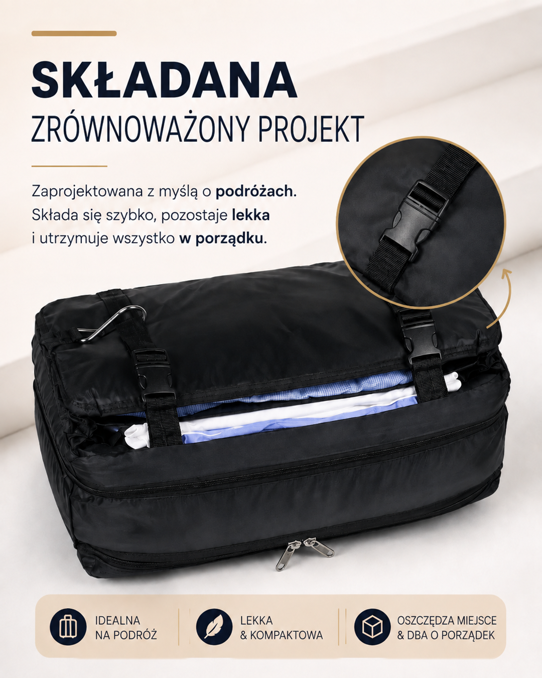Zwinięty czarny organizer z zapiętymi klamrami i ubraniami w środku, z powiększoną klamrą w kółku 5