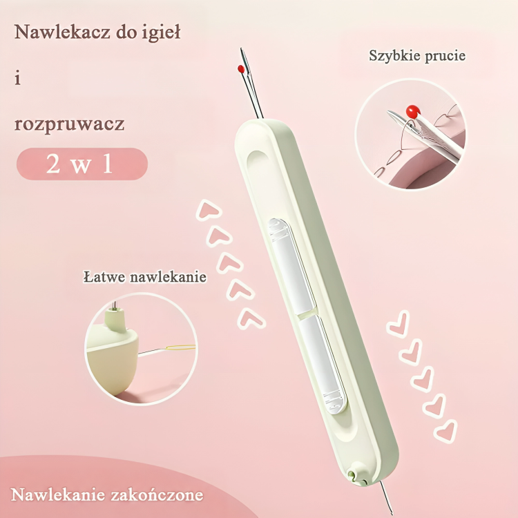 Jasne urządzenie 2 w 1 z rozpruwaczem u góry i małymi kółkami pokazującymi nawlekanie i rozpruwanie 1