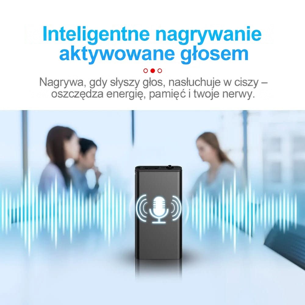 Dyktafon na tle rozmawiających osób, z ikoną mikrofonu i falami dźwięku pokazującymi nagrywanie aktywowane głosem 2