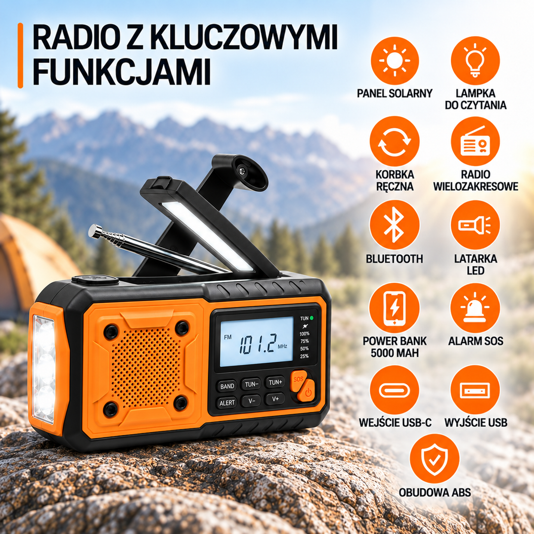 Radio na skale z ikonami funkcji, takich jak Bluetooth, powerbank, latarka, alarm SOS i porty USB 7