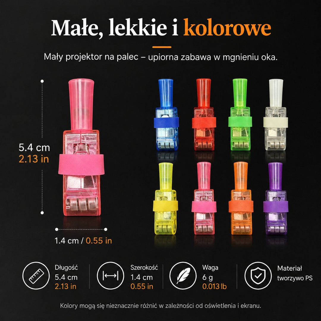 Różowy projektor z oznaczonymi wymiarami i długością, obok osiem kolorów wykonanych z plastiku 11