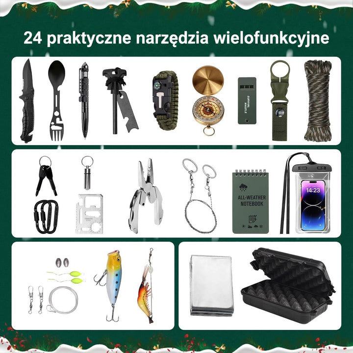 Wszystkie narzędzia z zestawu ułożone w trzech ramkach na zielonym świątecznym tle 2