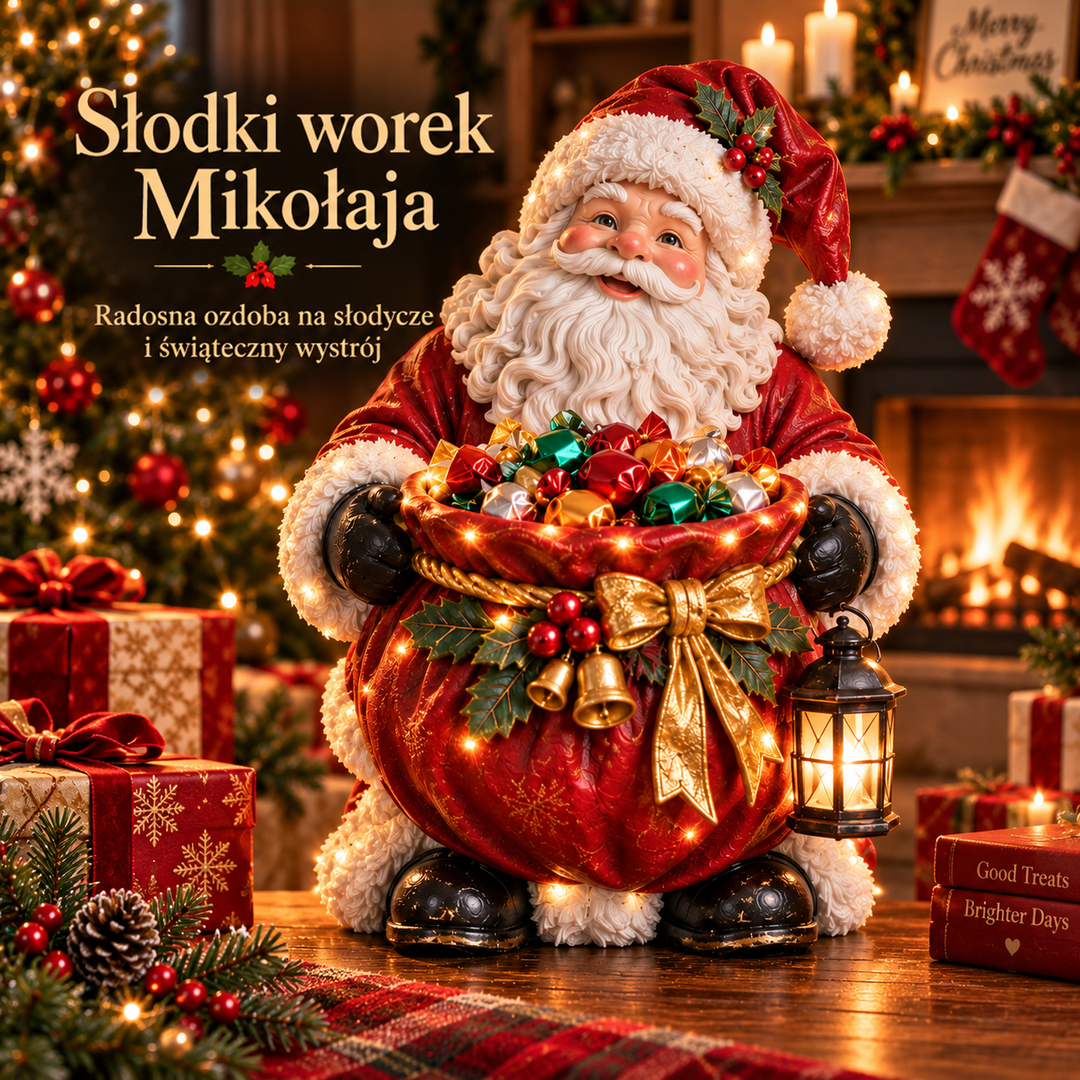 Figurka Mikołaja z czerwonym workiem pełnym kolorowych cukierków, ze świecącą latarenką, na tle kominka i choinki 1